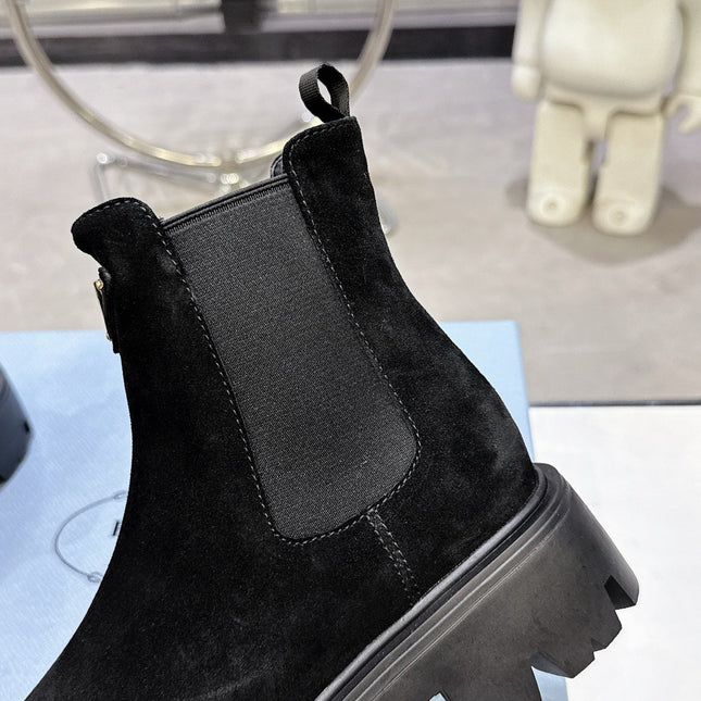 PRADA 25S RETRO PLATFORM MARTIN ANKLE BOOTS IN BLACK SUEDE