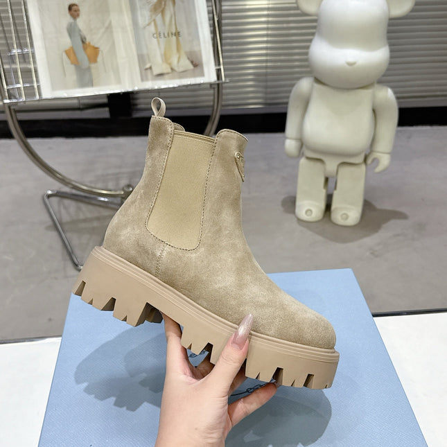 PRADA 25S RETRO PLATFORM MARTIN ANKLE BOOTS IN BEIGE SUEDE