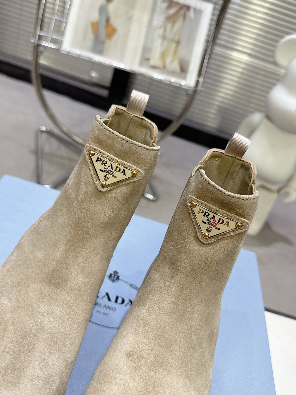 PRADA 25S RETRO PLATFORM MARTIN ANKLE BOOTS IN BEIGE SUEDE