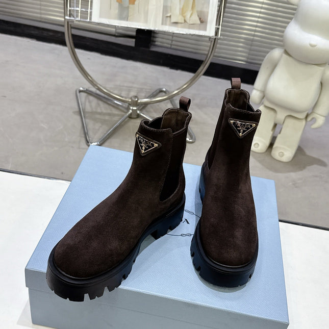 PRADA 25S RETRO PLATFORM MARTIN ANKLE BOOTS IN DARK BROWN SUEDE