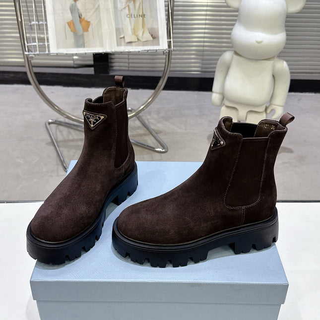 PRADA 25S RETRO PLATFORM MARTIN ANKLE BOOTS IN DARK BROWN SUEDE