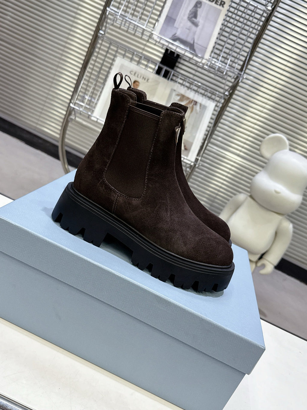 PRADA 25S RETRO PLATFORM MARTIN ANKLE BOOTS IN DARK BROWN SUEDE