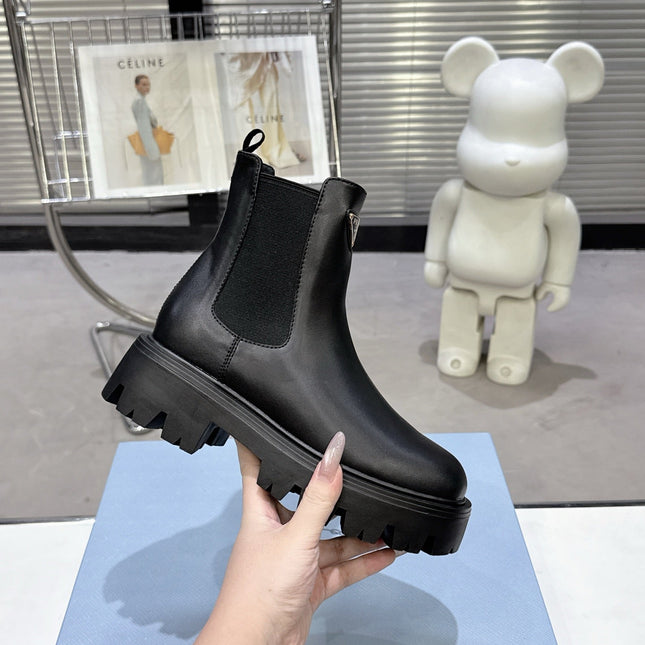 PRADA 25S RETRO PLATFORM MARTIN ANKLE BOOTS IN BLACK CALFSKIN