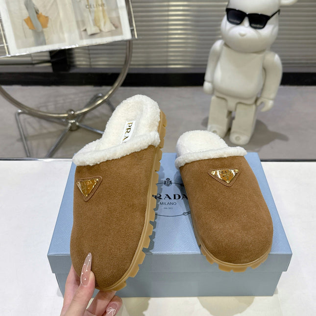 PRADA 25S FUR-LINED MULES IN BROWN SUEDE
