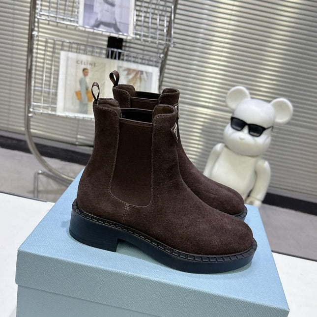 PRADA 25S RETRO PLATFORM MARTIN BOOTS IN DARK BROWN SUEDE