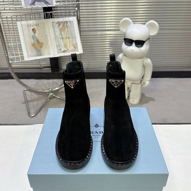 PRADA 25S RETRO PLATFORM MARTIN BOOTS IN BLACK SUEDE