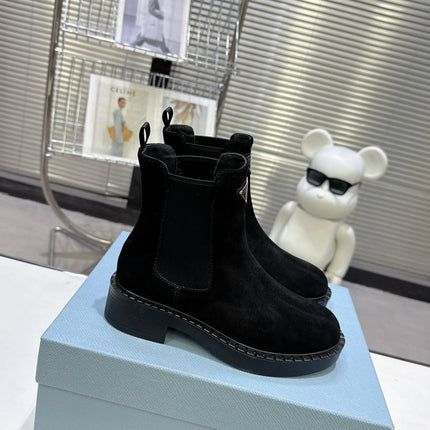 PRADA 25S RETRO PLATFORM MARTIN BOOTS IN BLACK SUEDE