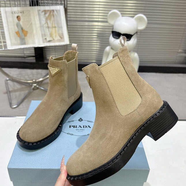 PRADA 25S RETRO PLATFORM MARTIN BOOTS IN BEIGE SUEDE
