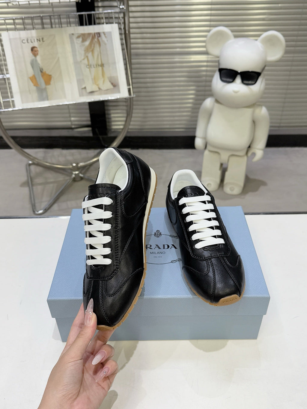 PRADA 26S LACE UP SNEAKERS IN BLACK CALFSKIN