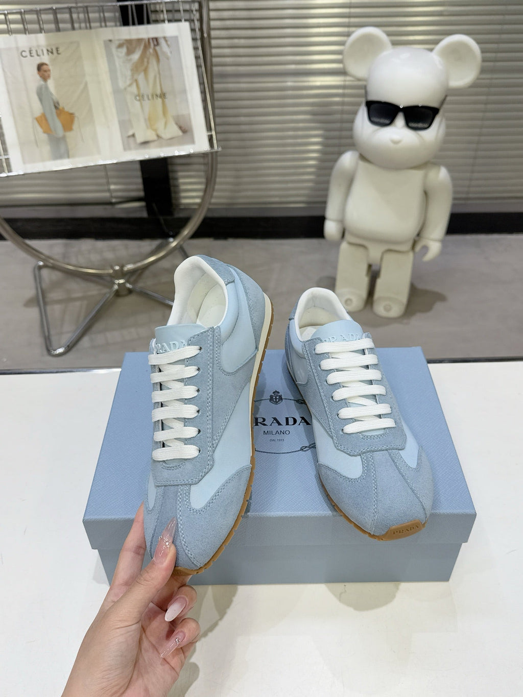 PRADA 26S LACE UP SNEAKERS IN LIGHT BLUE NYLON AND SUEDE