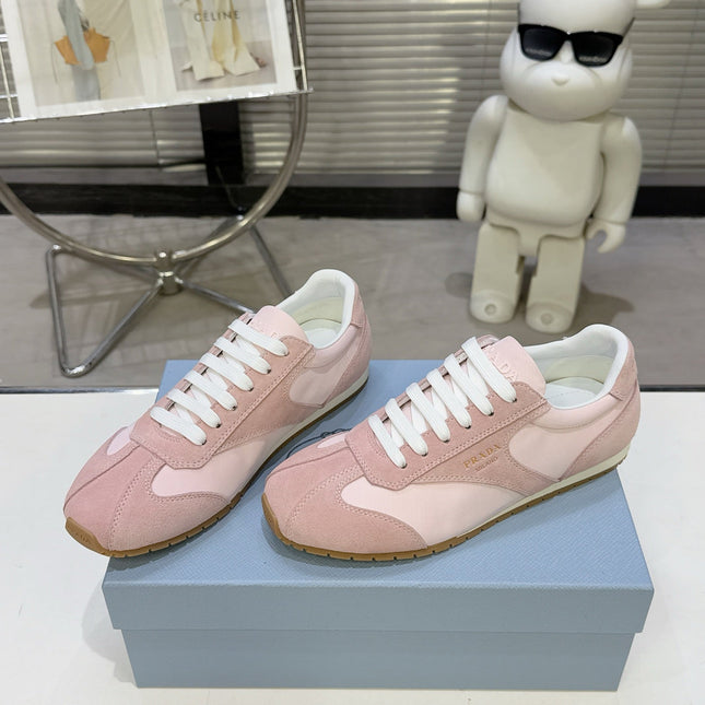 PRADA 26S LACE UP SNEAKERS IN PINK NYLON AND SUEDE