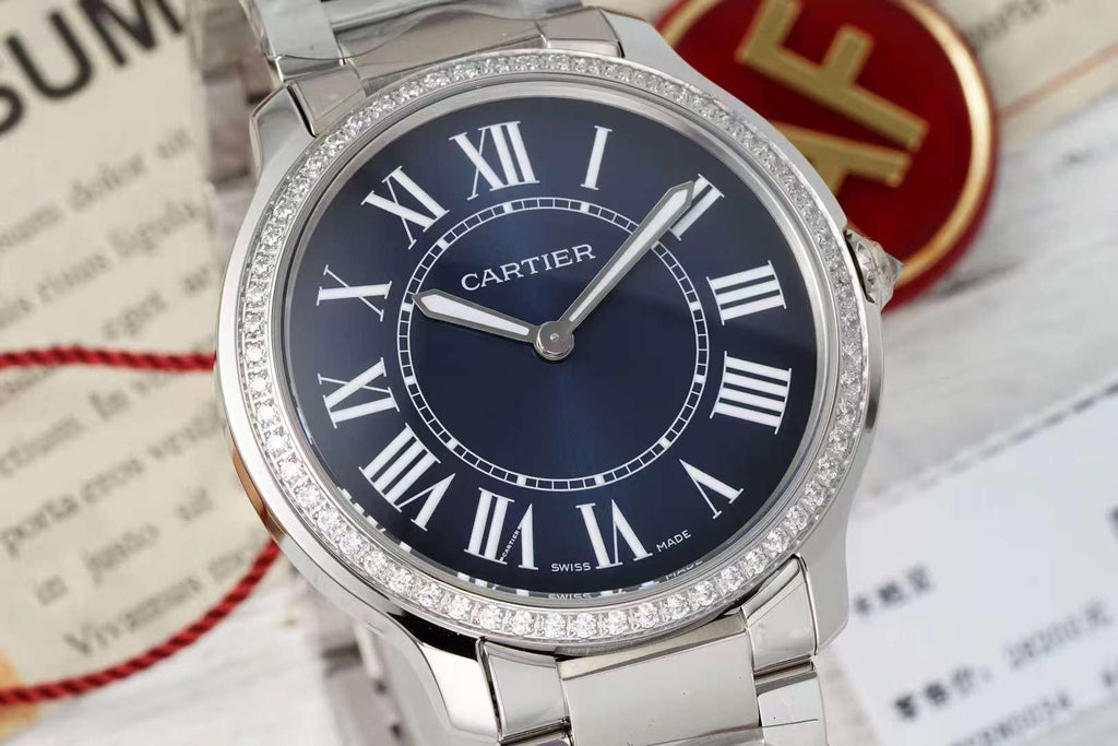 RONDE MUST DE CARTIER WATCH SILVER CASE AND NAVY BLUE DIAL WITH CRYSTALS