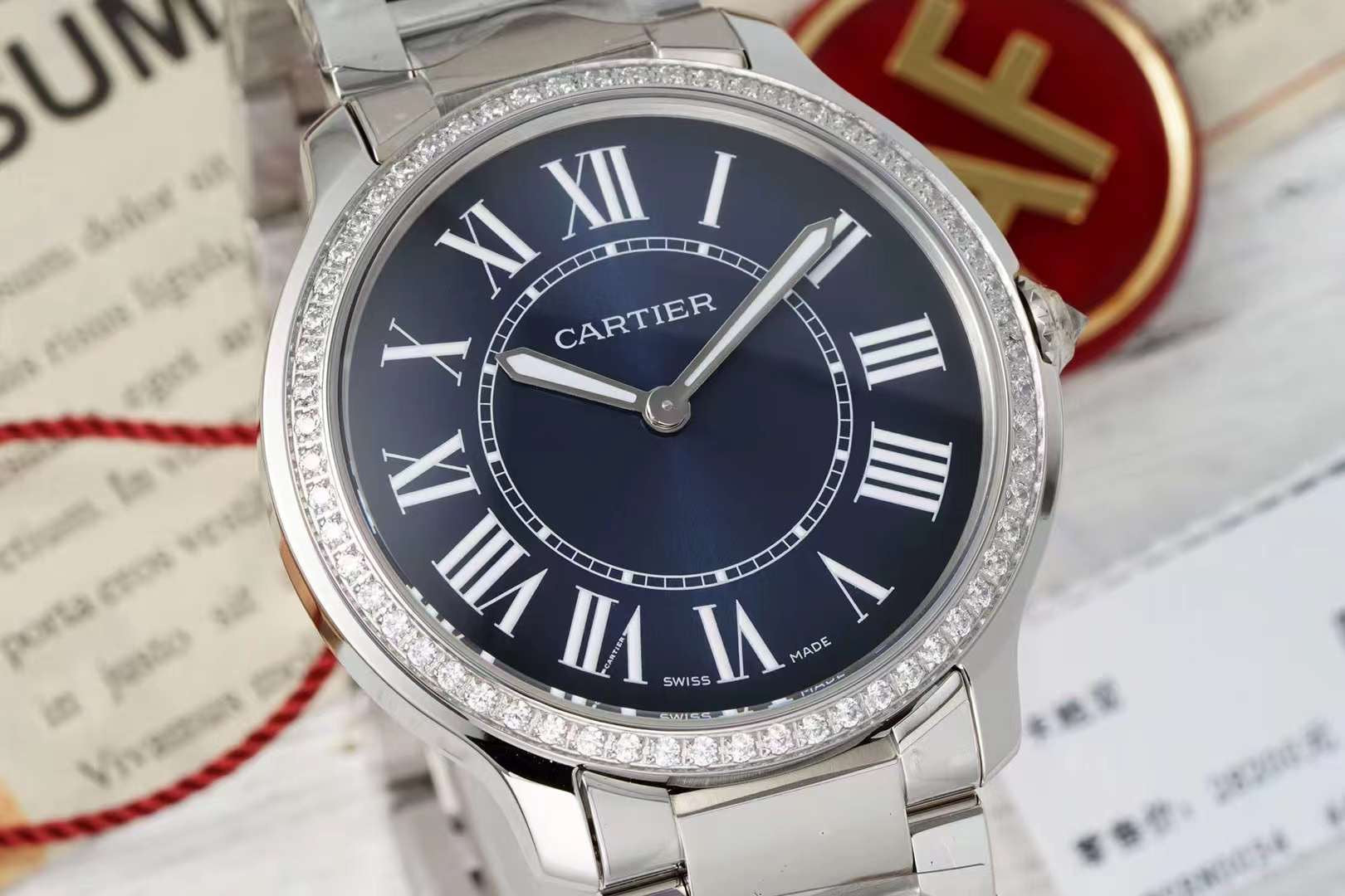 RONDE MUST DE CARTIER WATCH SILVER CASE AND NAVY BLUE DIAL WITH CRYSTALS