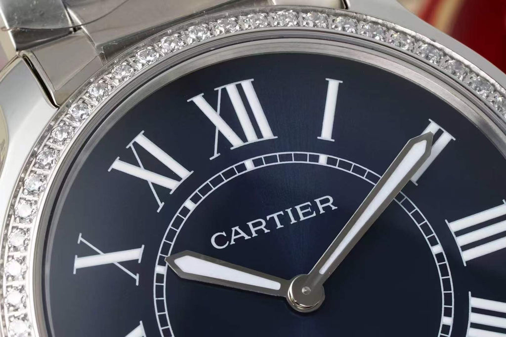 RONDE MUST DE CARTIER WATCH SILVER CASE AND NAVY BLUE DIAL WITH CRYSTALS