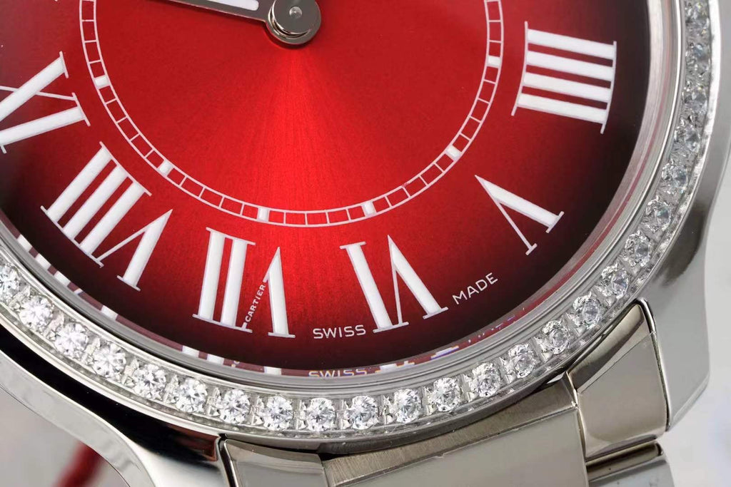 RONDE MUST DE CARTIER WATCH SILVER CASE AND CHERRY RED DIAL WITH CRYSTALS