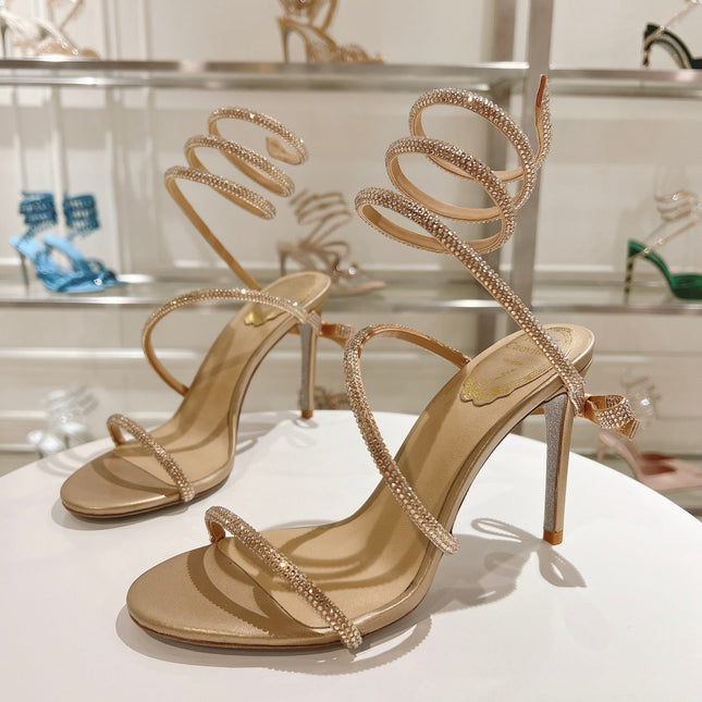 RENE CAOVILLA HIGH HEELS 100MM IN GOLD CRYSTAL STRAP