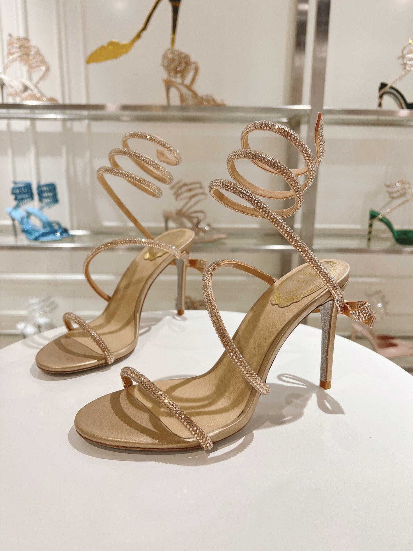RENE CAOVILLA HIGH HEELS 100MM IN GOLD CRYSTAL STRAP
