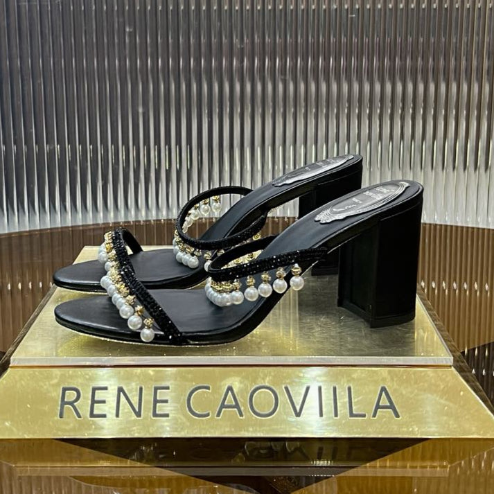 HIGH 95 MM BLOCK HEEL SANDAL IN BLACK GRAINY PEARLIZED LAMBSKIN