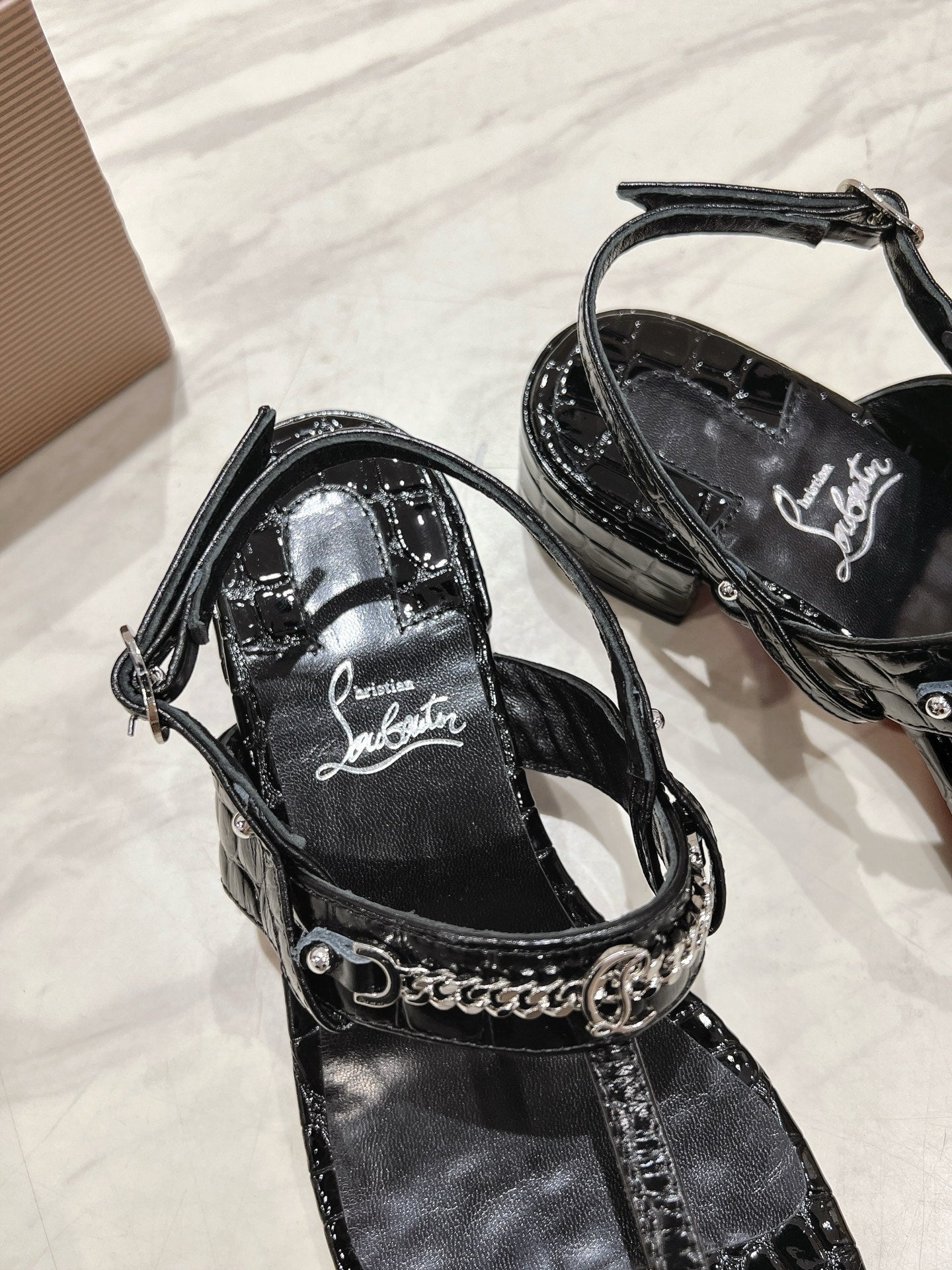 THONG SANDALS SLINGBACK 25MM IN SNAKE-EFFECT BLACK CALFSKIN
