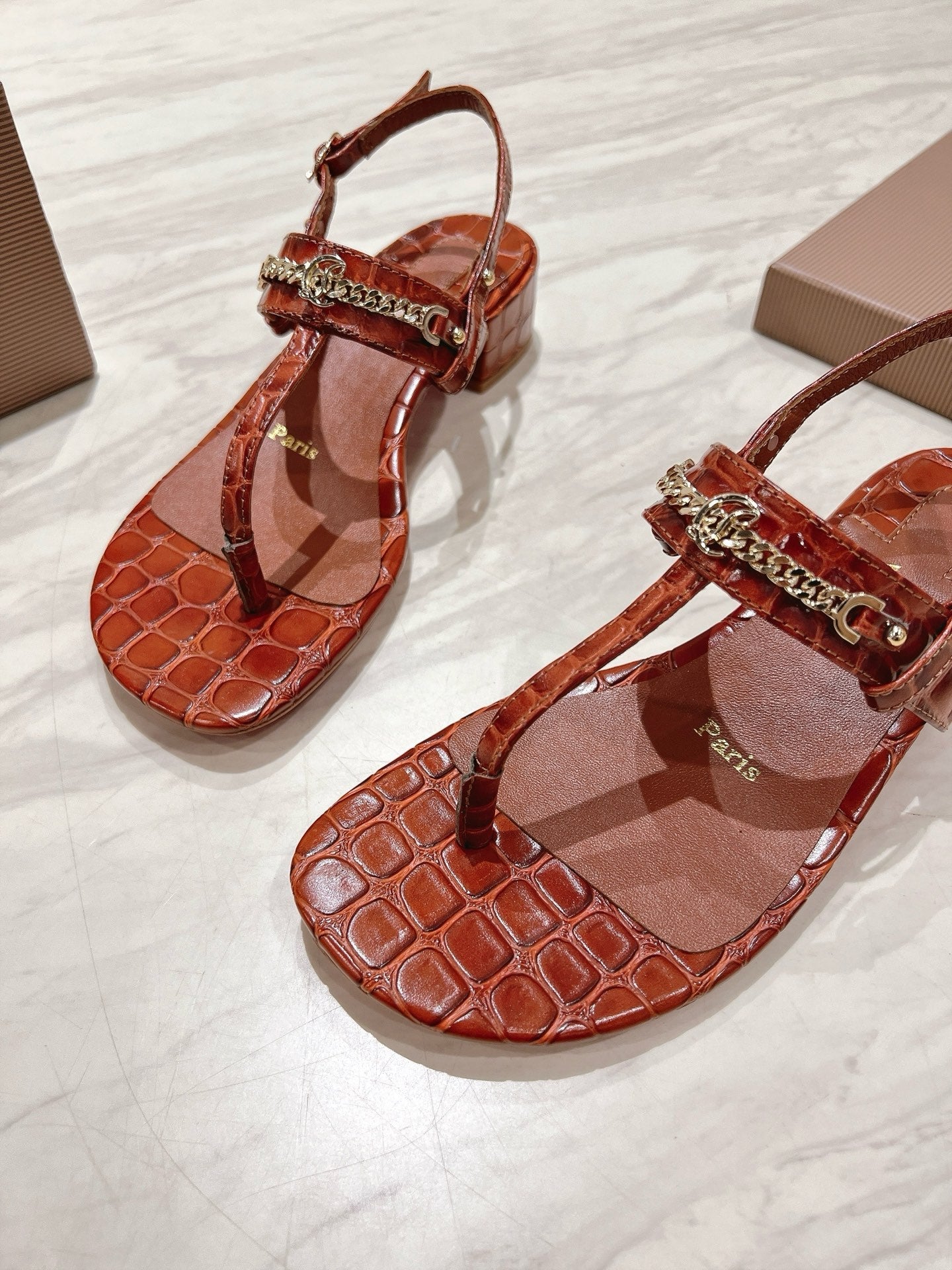 THONG SANDALS SLINGBACK 25MM IN SNAKE-EFFECT BURNT ORANGE CALFSKIN