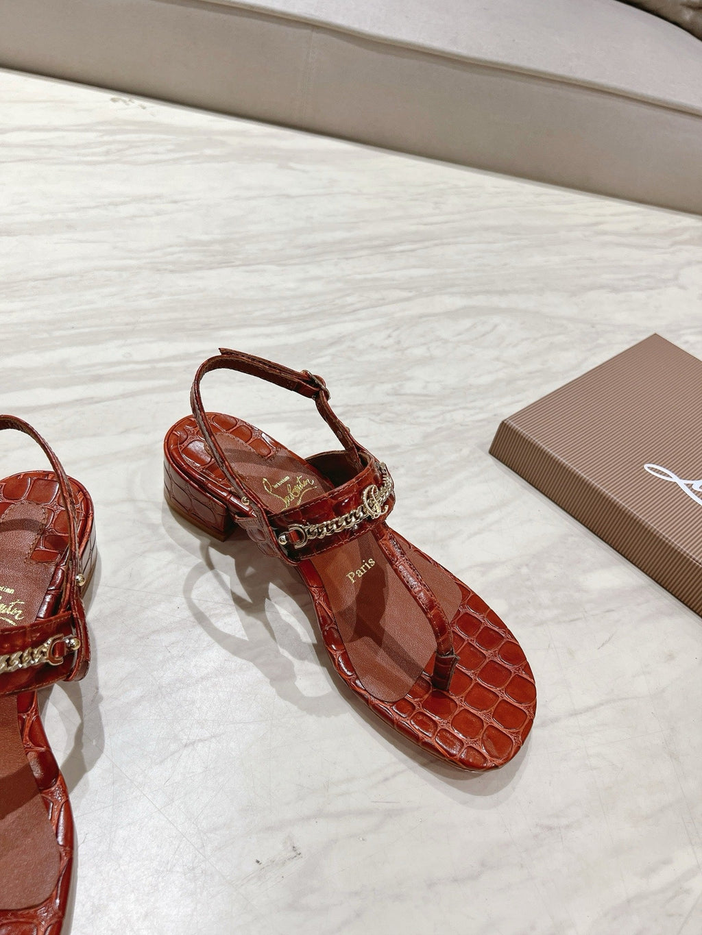 THONG SANDALS SLINGBACK 25MM IN SNAKE-EFFECT BURNT ORANGE CALFSKIN