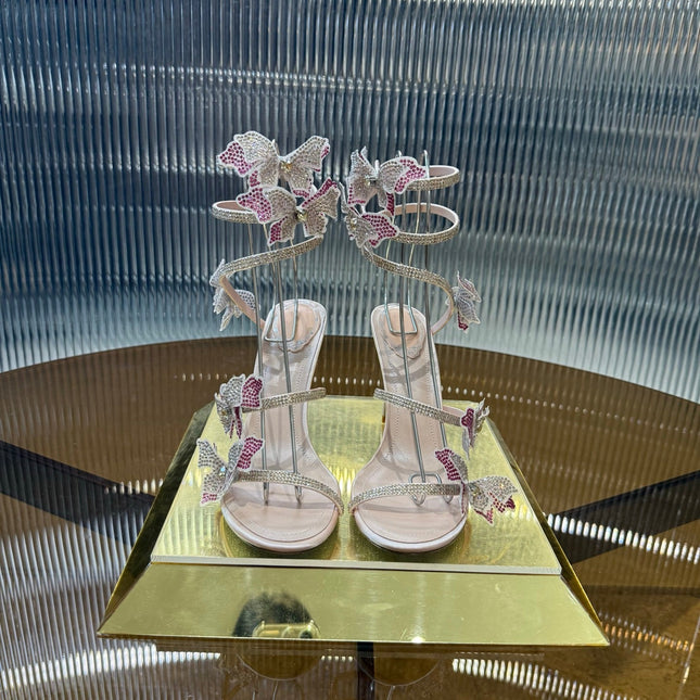 RENE CAOVILLA 26S FLORIANE HIGH HEELS 95 MM IN BEIGE LAMBSKIN BUTTERFLY EMBELLISHED STRAP