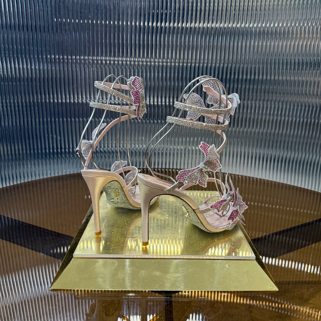 RENE CAOVILLA 26S FLORIANE HIGH HEELS 95 MM IN BEIGE LAMBSKIN BUTTERFLY EMBELLISHED STRAP