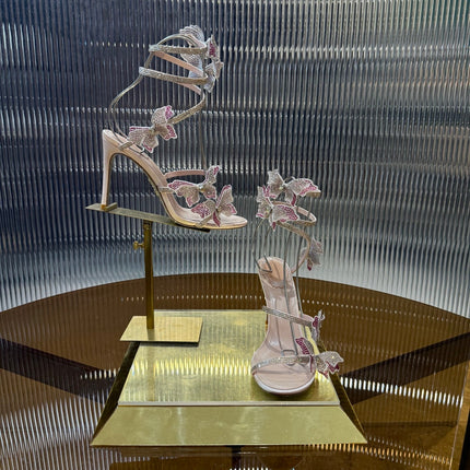 RENE CAOVILLA 26S FLORIANE HIGH HEELS 95 MM IN BEIGE LAMBSKIN BUTTERFLY EMBELLISHED STRAP