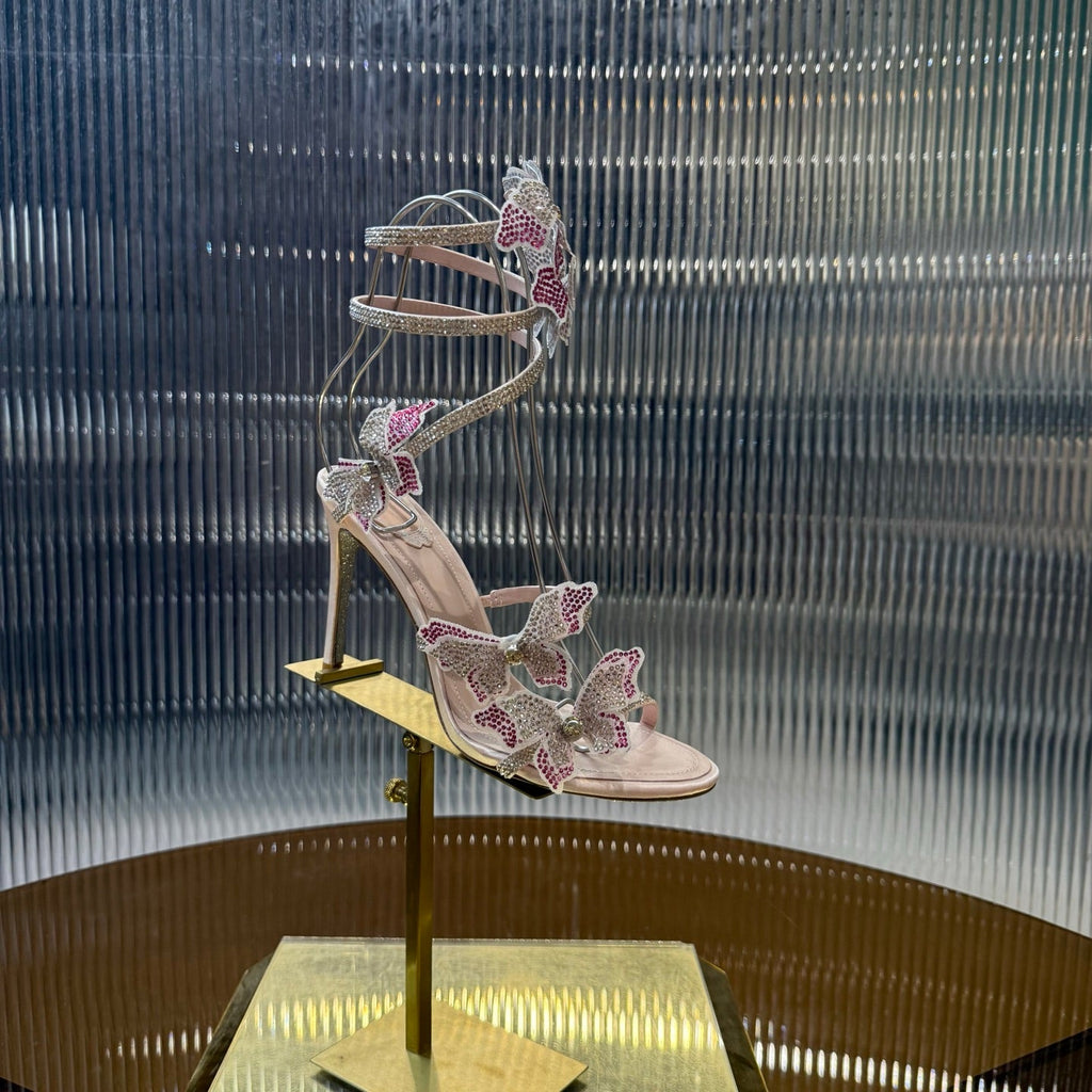 RENE CAOVILLA 26S FLORIANE HIGH HEELS 95 MM IN BEIGE LAMBSKIN BUTTERFLY EMBELLISHED STRAP