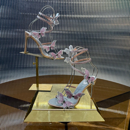 RENE CAOVILLA 26S FLORIANE HIGH HEELS 95 MM IN NUDE PINK LAMBSKIN BUTTERFLY EMBELLISHED STRAP