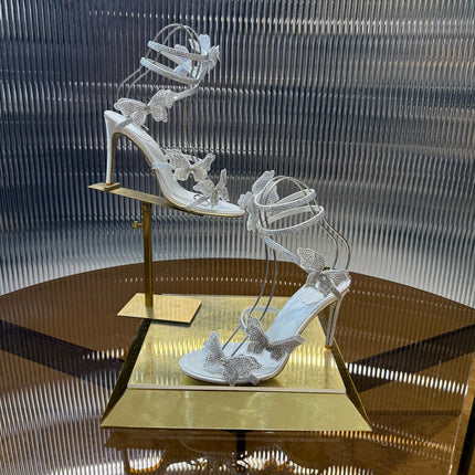 RENE CAOVILLA 26S FLORIANE HIGH HEELS 95 MM IN WHITE LAMBSKIN BUTTERFLY EMBELLISHED STRAP