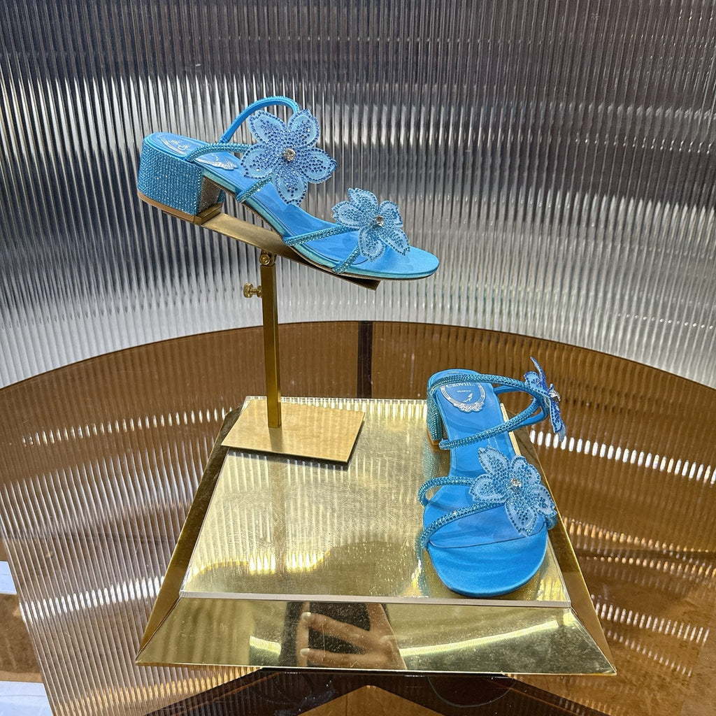 RENE CAOVILLA 26S FLOWER EMBELLISHED HEELS 45 MM IN BLUE LAMBSKIN