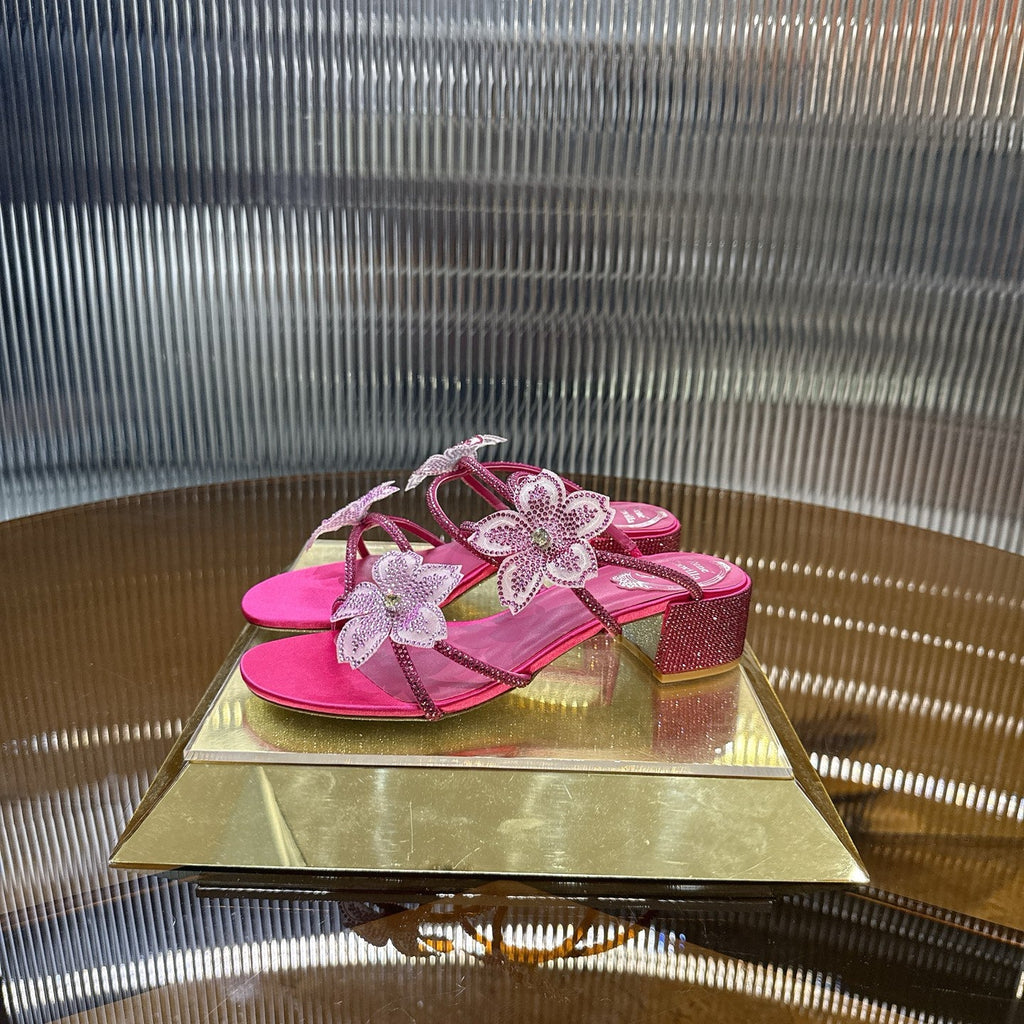 RENE CAOVILLA 26S FLOWER EMBELLISHED HEELS 45 MM IN PINK LAMBSKIN