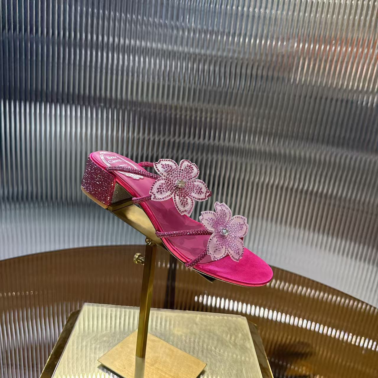 RENE CAOVILLA 26S FLOWER EMBELLISHED HEELS 45 MM IN PINK LAMBSKIN