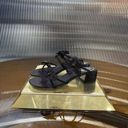 RENE CAOVILLA 26S FLOWER EMBELLISHED HEELS 45 MM IN BLACK LAMBSKIN