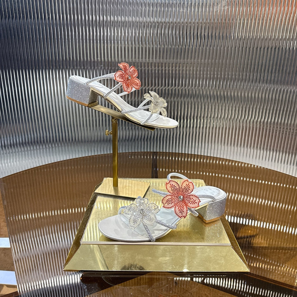 RENE CAOVILLA 26S FLOWER EMBELLISHED HEELS 45 MM IN CREAM WHITE LAMBSKIN