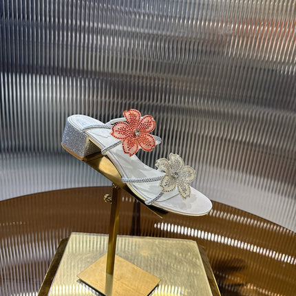 RENE CAOVILLA 26S FLOWER EMBELLISHED HEELS 45 MM IN CREAM WHITE LAMBSKIN