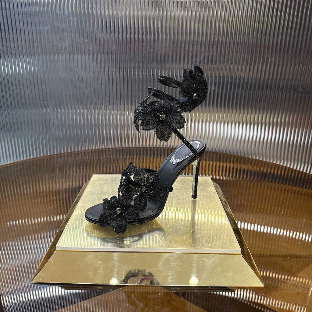 RENE CAOVILLA 26S FLORIANE HIGH HEELS 95 MM IN BLACK LAMBSKIN FLOWER EMBELLISHED STRAP