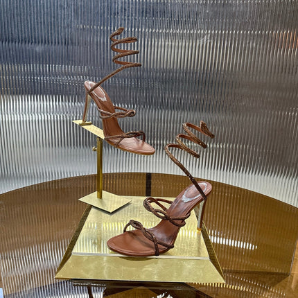 RENE CAOVILLA 26S CRYSTAL WRAP HEELS 95 MM IN BROWN LAMBSKIN