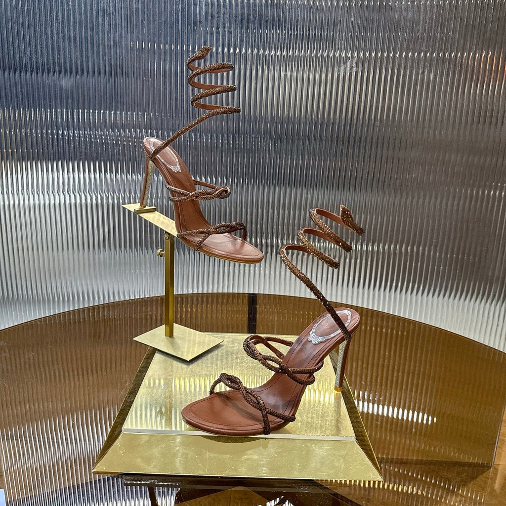 RENE CAOVILLA 26S CRYSTAL WRAP HEELS 95 MM IN BROWN LAMBSKIN