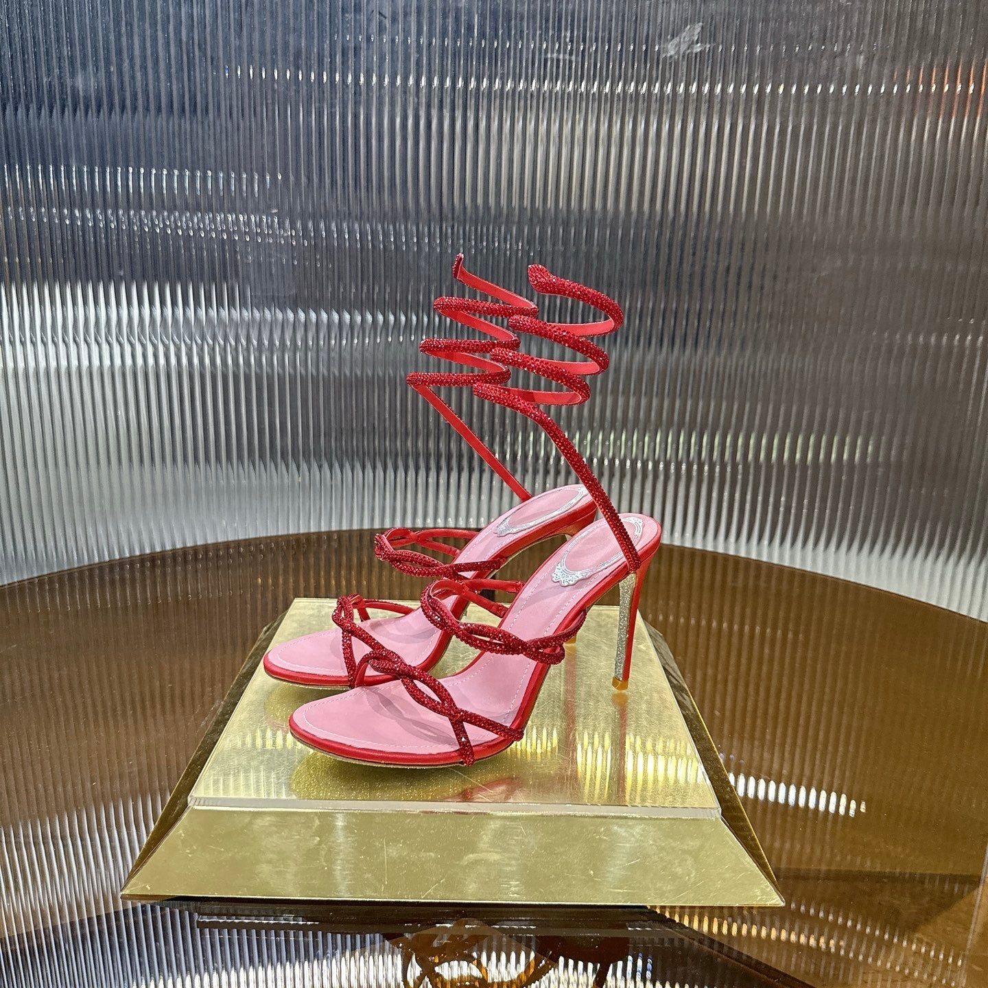 RENE CAOVILLA 26S CRYSTAL WRAP HEELS 95 MM IN RED LAMBSKIN