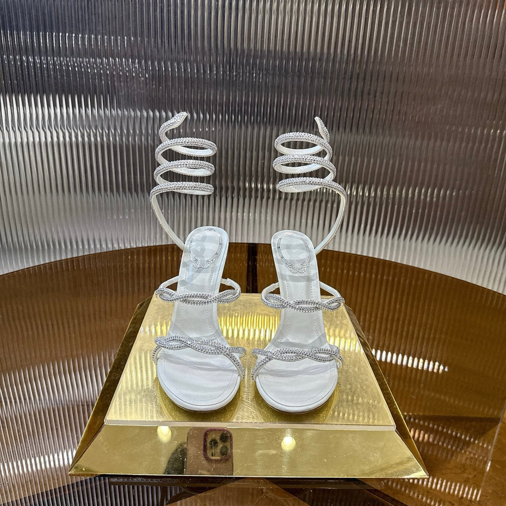 RENE CAOVILLA 26S CRYSTAL WRAP HEELS 95 MM IN WHITE LAMBSKIN