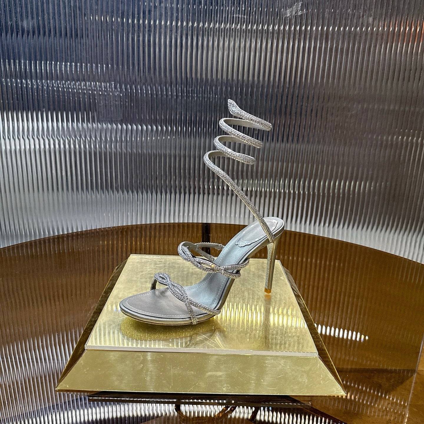 RENE CAOVILLA 26S CRYSTAL WRAP HEELS 95 MM IN SILVER LAMBSKIN