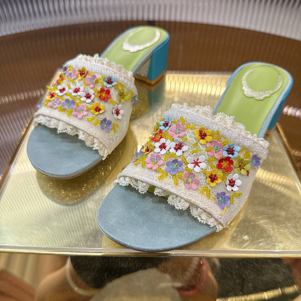 RENE CAOVILLA 26S HIGH HEEL SLIDES 45 MM IN MUTICOLOR LACE STRAP FLOWER EMBELLISHED