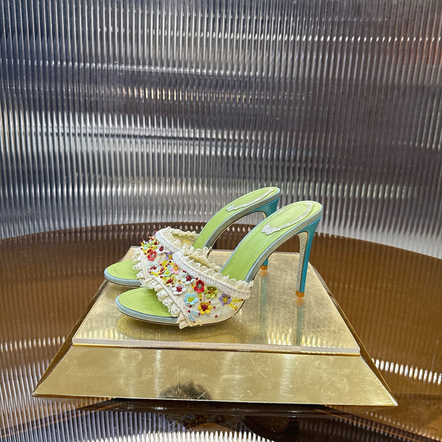 RENE CAOVILLA 26S HIGH HEEL SLIDES 75 MM IN MUTICOLOR LACE STRAP FLOWER EMBELLISHED
