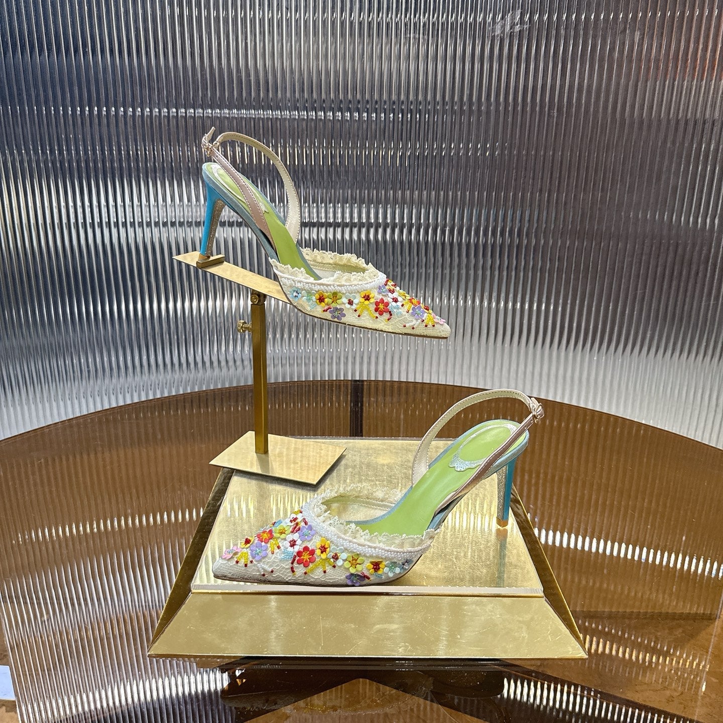 RENE CAOVILLA 26S SLINGBACK 75 MM IN MUTICOLOR LACE STRAP FLOWER EMBELLISHED