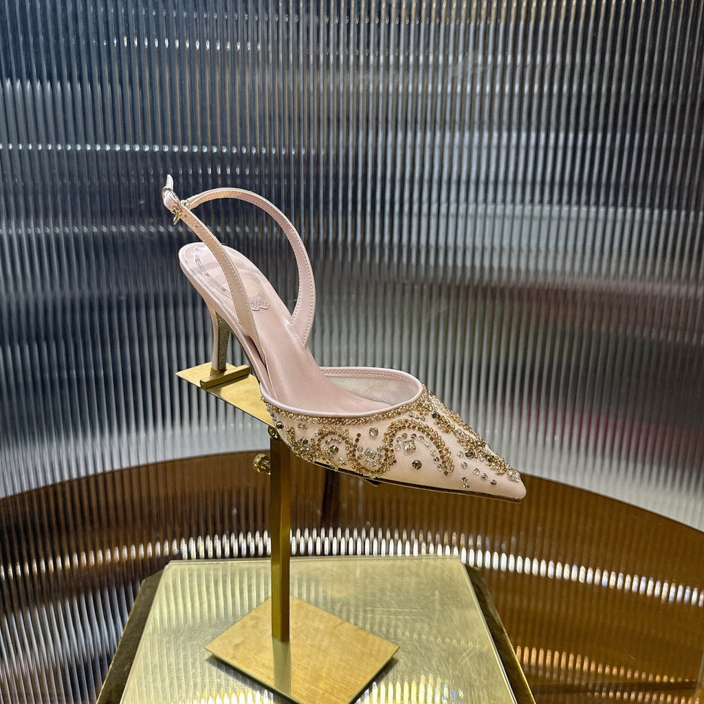 RENE CAOVILLA 26S SLINGBACK HIGH HEELS 75 MM IN LIGHT BEIGE BEADED EMBELLISHED