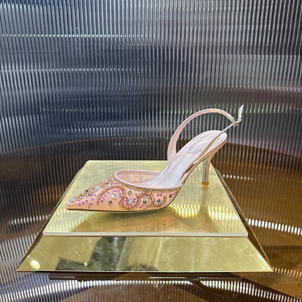 RENE CAOVILLA 26S SLINGBACK HIGH HEELS 75 MM IN PASTEL PINK BEADED EMBELLISHED