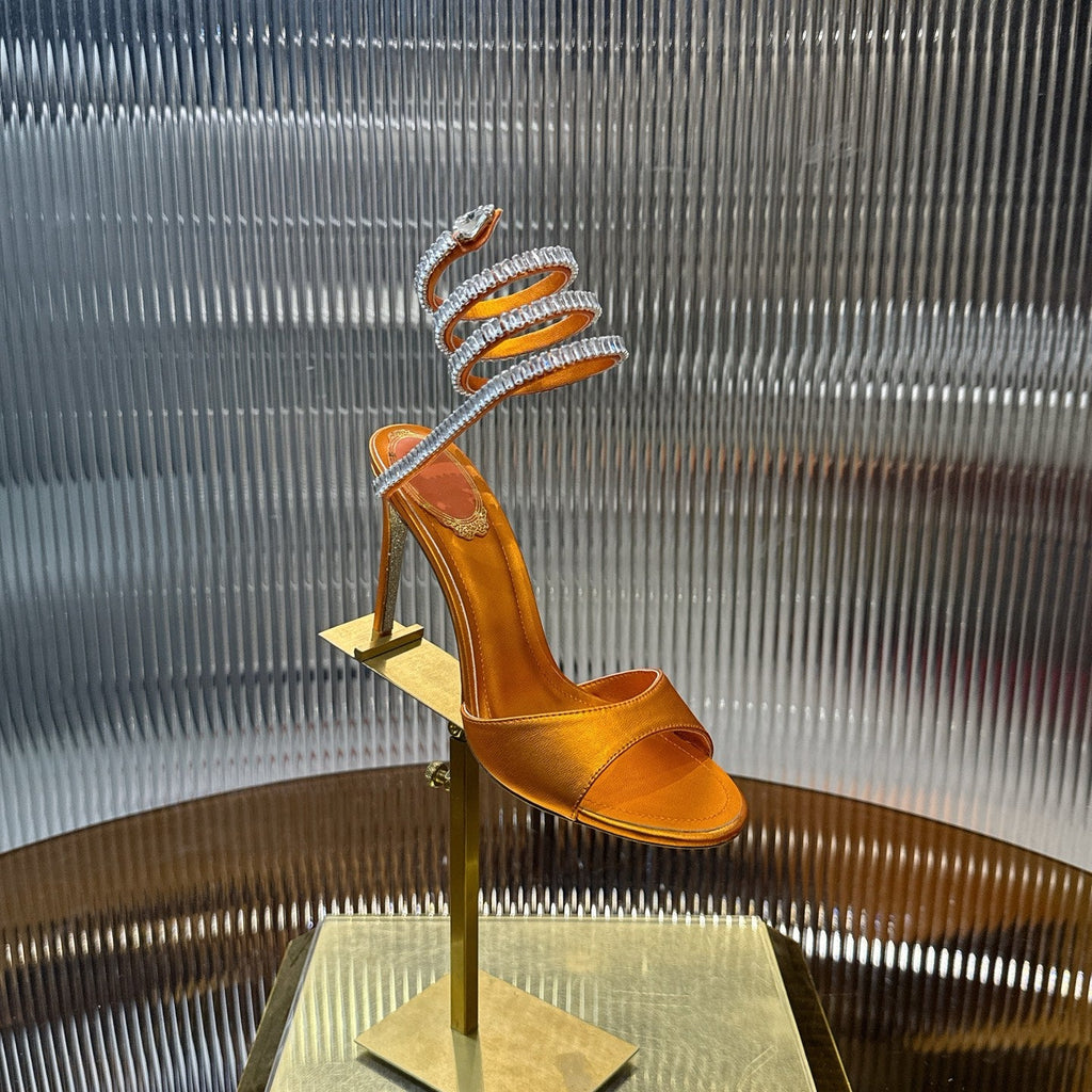 RENE CAOVILLA 26S HEELED SANDALS 95 MM IN DARK ORANGE LAMBSKIN