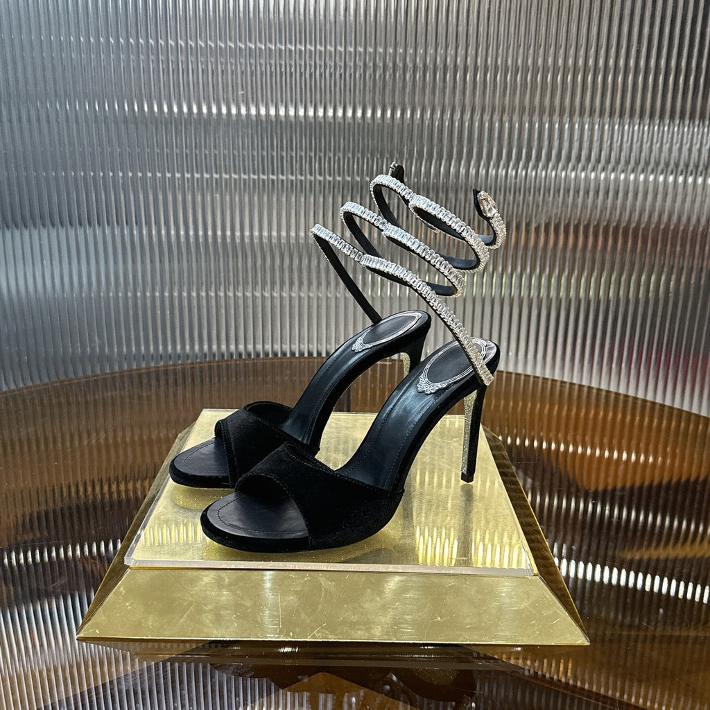 RENE CAOVILLA 26S CRYSTAL WRAP HEELS 95 MM IN BLACK VELVET